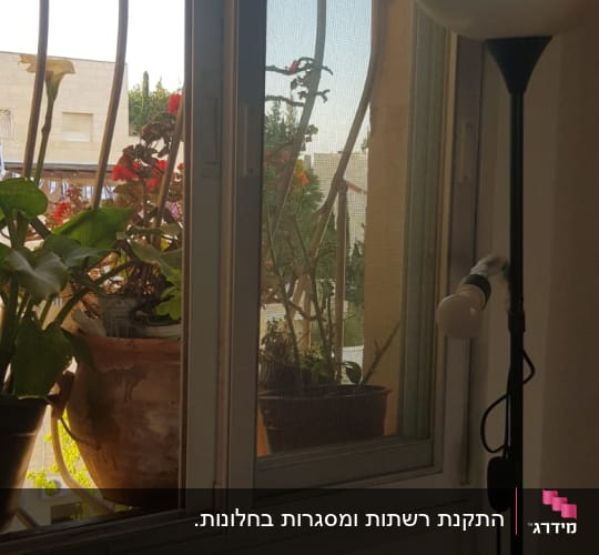 חלון אלומיניום עם סורגי מתכת וצמחייה